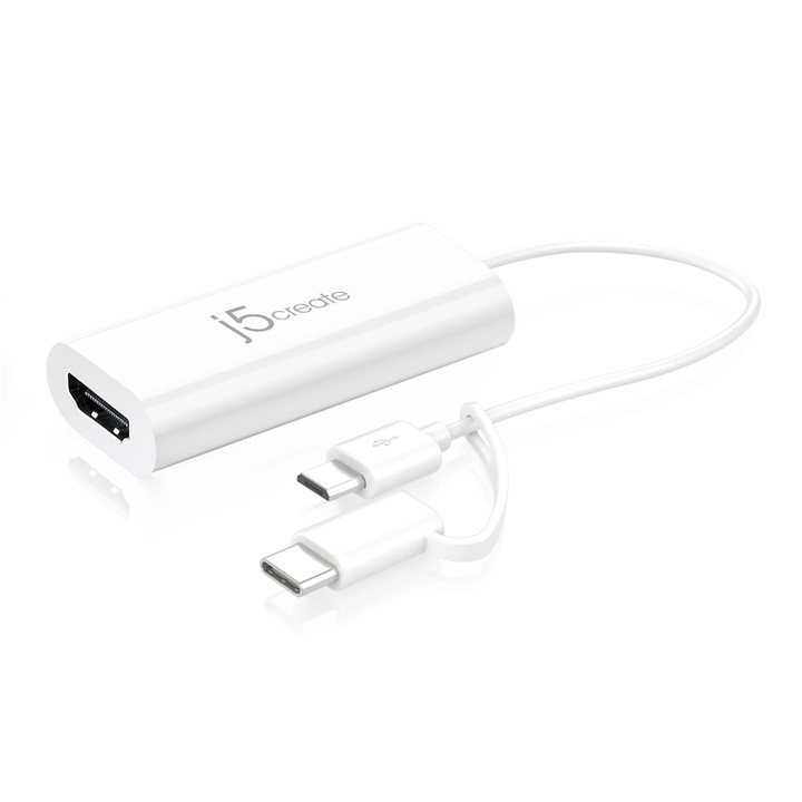 Video adapter j5create JUA165C, Android USB, USB-C/USB Micro-B dugasz - HDMI anya, fehér
