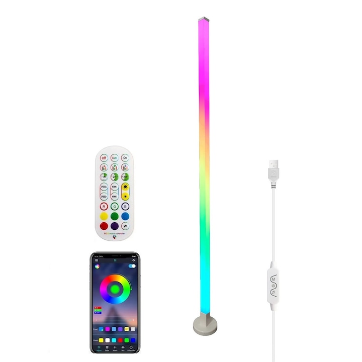 Veioza Lampadar RGB Neon, Lumina Ambientala, 150cm inaltime, Kit instalare, Led Dinamic, Aplicatie Smart Telefon, Telecomanda, Music Senzor, 16Milioane Culori, USB 5V