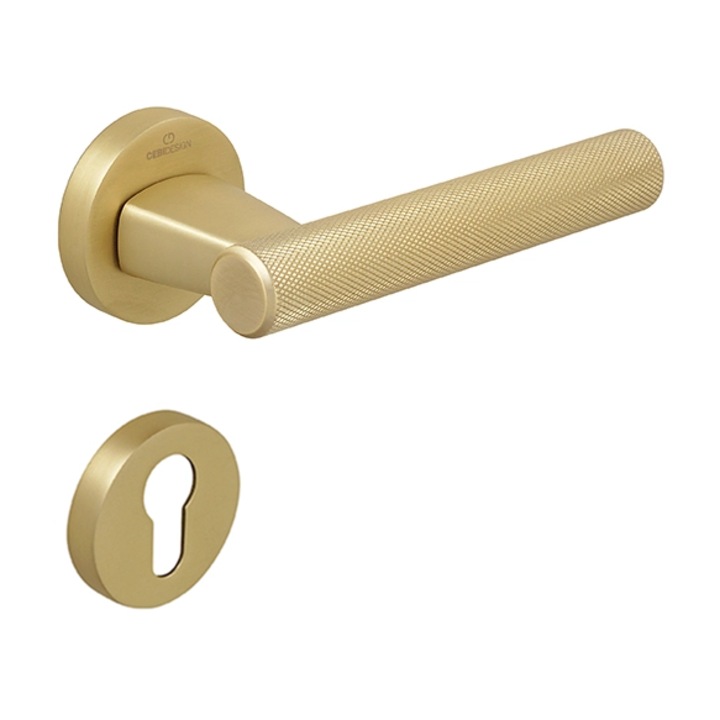 Set maner usa cu cilindru Fugi Knurling, cu rozeta rotunda, finisaj alama satin CB