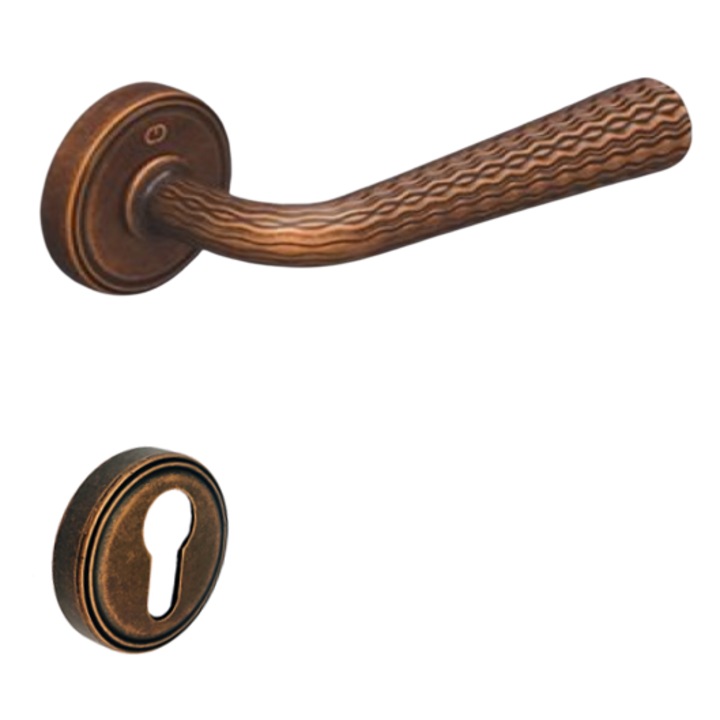 Set maner usa cu cilindru Lina, cu rozeta rotunda, finisaj cupru antichizat CB