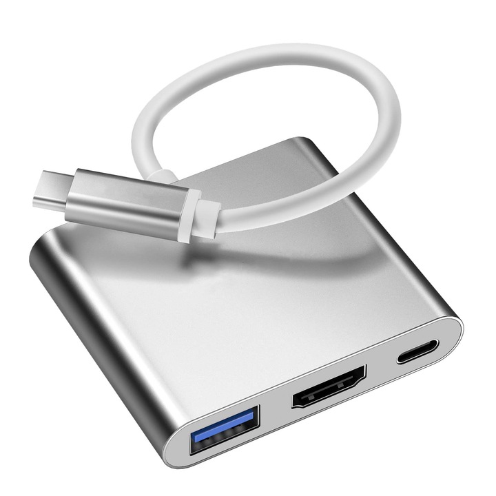 3в1 адаптер, CUKIN, HUB, USB C към HDMI, 4K, USB 3.0 + USB C порт за зареждане, PD100 W, скорост 5Gbps, алуминиева сплав, сребро