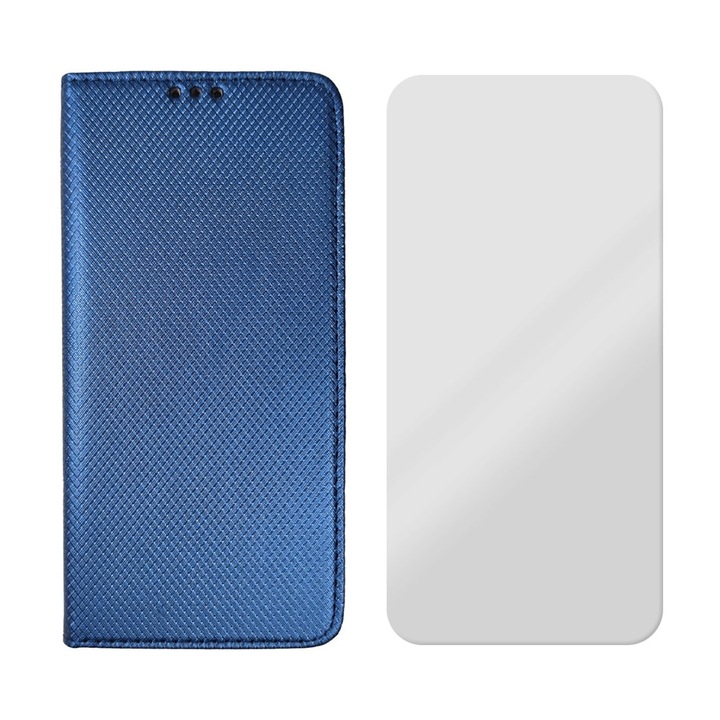 Комплект флип калъфи от кожа и фолио 2.5D Glass, съвместим с Xiaomi Mi 11i / Poco F3 / F3 Pro / Redmi K40 / K40 Pro, текстурен дизайн, защитено стъкло, Optim Protect с магнитно затваряне, Smart Soft Close, тип книга, джоб за портфейл, син