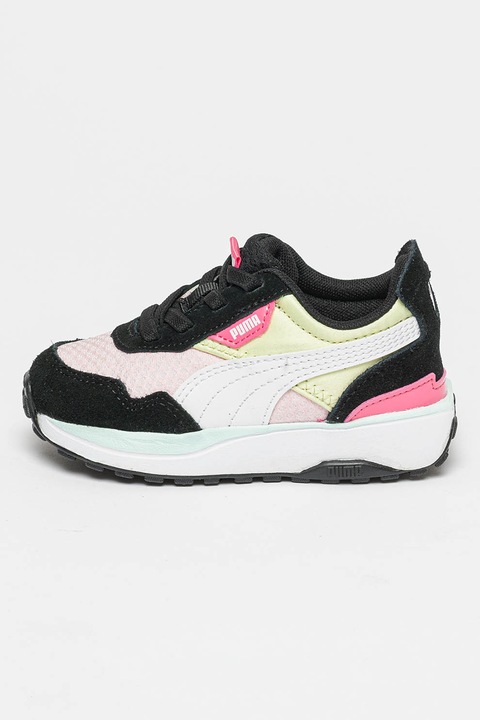 Puma, Pantofi sport cu detalii de piele intoarsa Cruise Rider Peony, Negru/Roz pal/Verde fistic, 20 EU