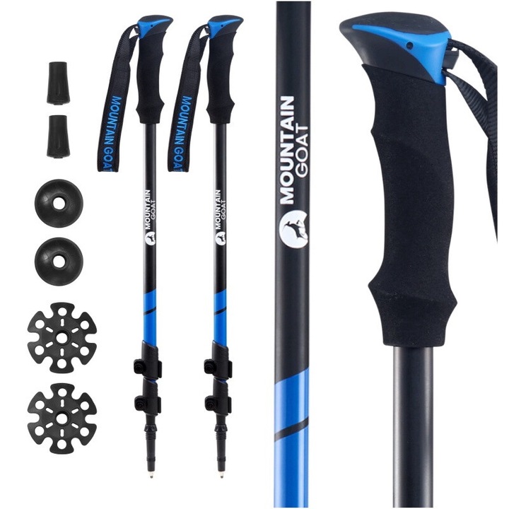 Trekking botok készlet túrázáshoz, Mountain Goat, 2 db + 4 db hegy, hó rozetták, hossz állítás 60-135 cm, könnyű duralumínium, Kék