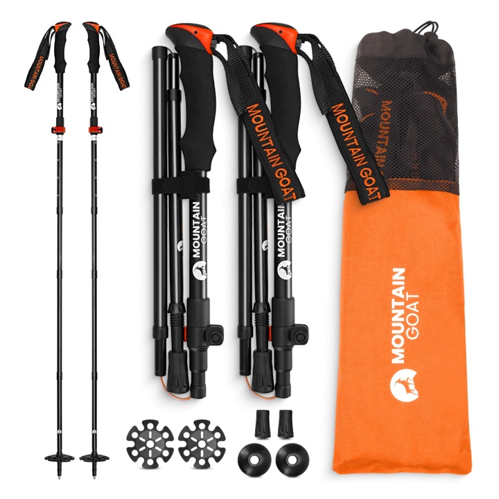 Set 2 bete trekking walking pentru drumetie PRO+, 4 varfuri, rozete zapada, reglare lungime 43-130 cm, duraluminiu usor, Mountain Goat, Portocaliu/Negru