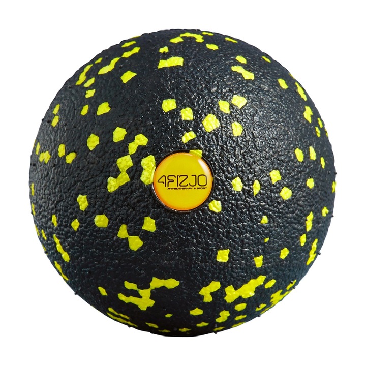 Minge pentru masaj, 4FIZJO, universal, duritate ridicata, du dureri si ajuta la relaxarea punctelor de declansare dureroase, dimensiuni reduse si forma aerodinamica, rezistent la deformare si usor de curatat, Spuma, 12 cm, Negru/Galben