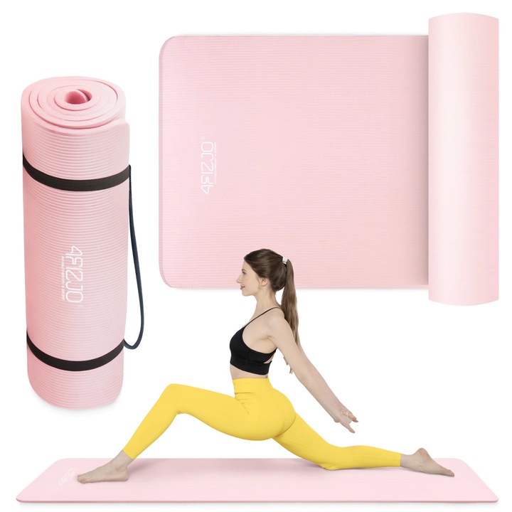 Covoras de gimnastica pentru exercitii de yoga, rezistent la apa, pentru yoga si Pilates, pentru gimnastica, durabil, cu maner de transport, 4FIZJO, 180 x 60 x 1.5 cm, Roz