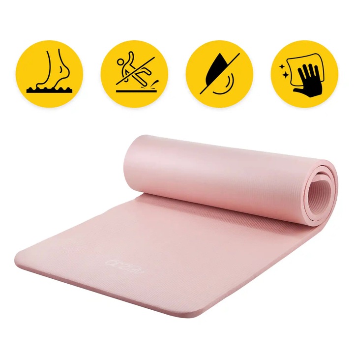 Jógaszőnyeg, 4FIZJO, Fitness és gyakorlatok, csúszásmentes felület, vízálló, jógához és pilateshez, tornához, tartós, fogantyúval, NBR hab, 180x60 cm, Rózsaszínű