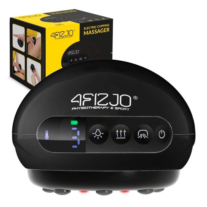 Elektromos cellulitisz elleni masszírozó, 4FIZJO, USB újratölthető, 3 fűtési szint, piros fény, tapadókorongos típus, 5 nyomásszint, cellulitisz elleni masszázs, méregtelenítés, 2200 mAh akkumulátor, Fekete