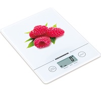 Cantar de bucatarie Heinner Raspberry HKS-5-RSB, 5 kg, sticla securizata, control touch cu display LCD, functie tara, functie cantarire lichide, gradare 1 g, baterie inclusa cr2032, alb
