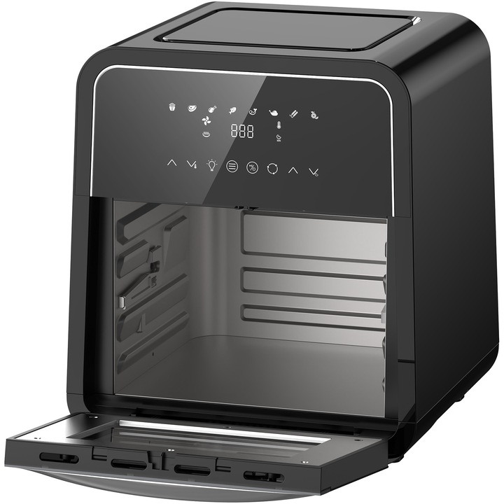 Фритюрник с горещ въздух Heinner Masterfry HAF-B12BK2000, 2000W, Функция фурна, Капацитет: 12л, Дигитален дисплей със сензорно управление, Таймер 60мин., Дехидратация 24часа, Температура 30-200 градуса, 8 програми, 3 нива, Автоматично спиране, Черен