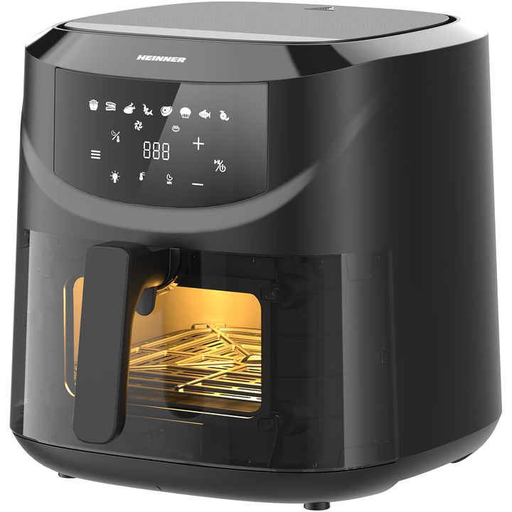 Фритюрник с горещ въздух Heinner Spacefry HAF-B8BK2000, 2000W, Капацитет: 7.6л, Дигитален дисплей със сензорно управление, Таймер 60 мин, Температура 80-200 градуса, Прозорец за наблюдение, Сваляема тефлонова опора, Автоматично спиране, Черен