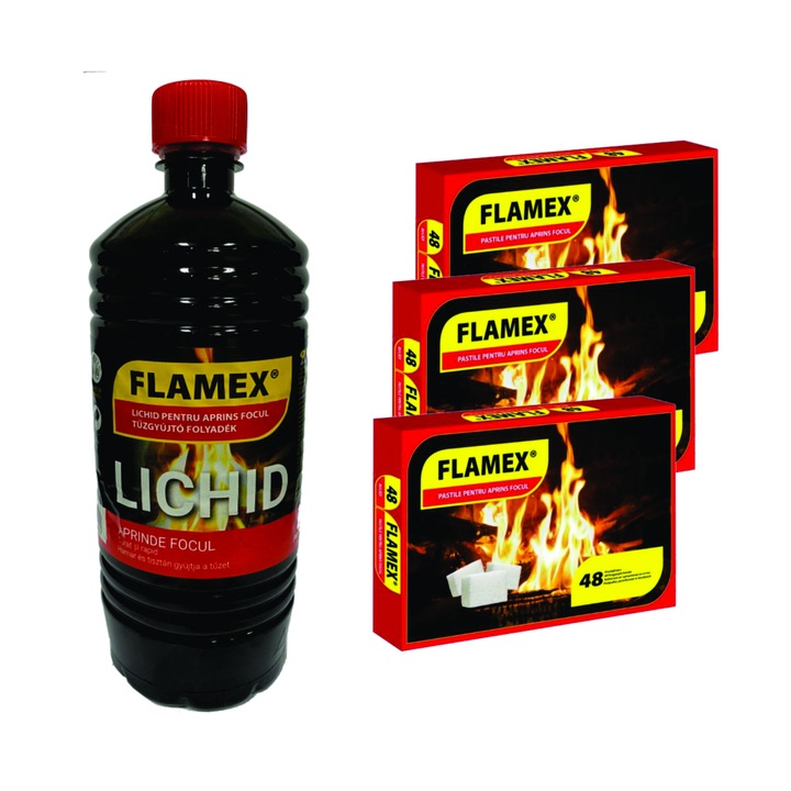 Lichid 1000ml pentru aprinderea focului cu 3 cutii de pastile pentru foc FLAMEX