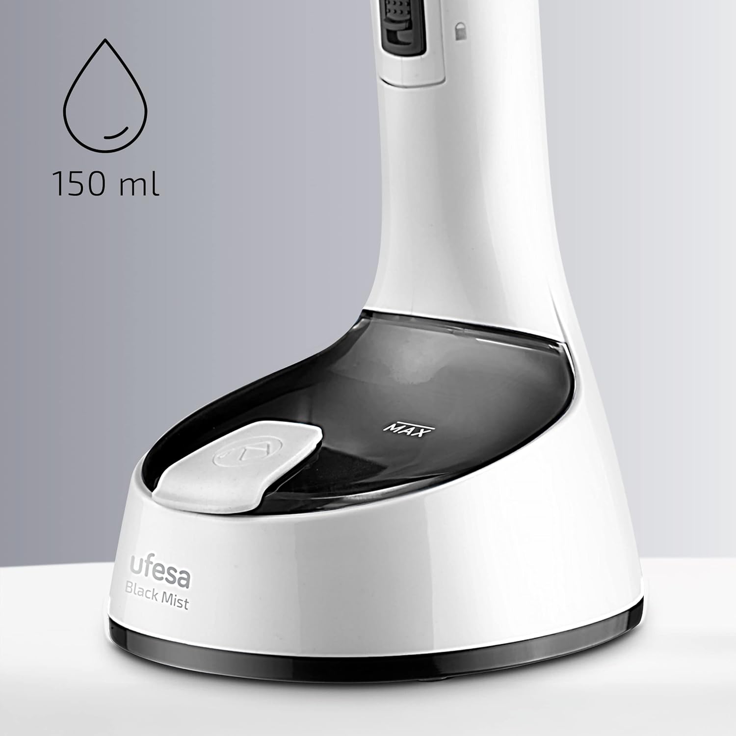Ufesa Steamer Black Mist – Aparat vertical de calcat pliabil, fier de calcat vertical pentru calatorii, 1470 W, rezervor de 150 ml, parfumeaza si dezinfecteaza, perie cu abur pentru tesaturi groase, gata de utilizare in doar 25 de secunde