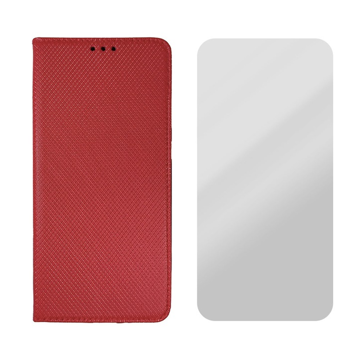 Комплект кожени и фолио Flip Cover 2.5D Glass, съвместим с Xiaomi Redmi Note 10 5G / Poco M3 Pro / M3 Pro 5G, дизайн на текстура, защитено стъкло, Optim Protect с магнитно затваряне, Smart Soft Close, тип книга, джоб за портфейл, червен