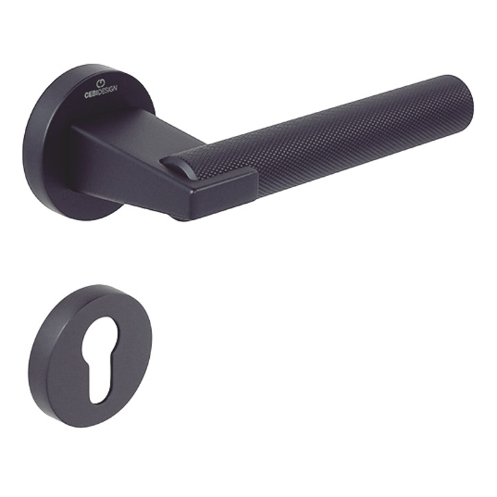Set maner usa cu cilindru Dora Knurling, cu rozeta rotunda, finisaj negru gun metal CB