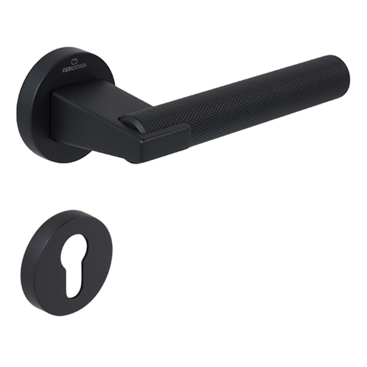 Set maner usa cu cilindru Dora Knurling, cu rozeta rotunda, finisaj negru mat CB