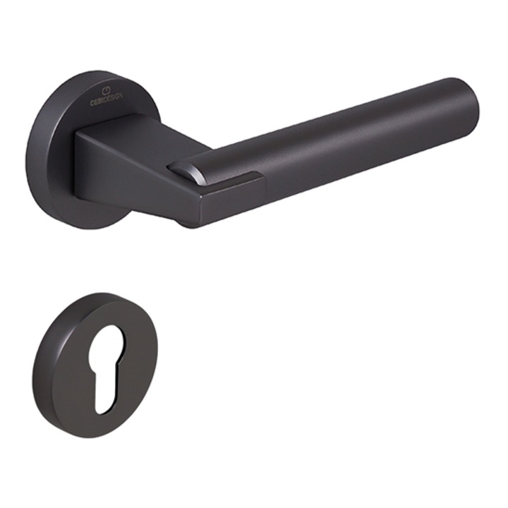 Set maner usa cu cilindru Dora Smooth, cu rozeta rotunda, finisaj negru gun metal CB