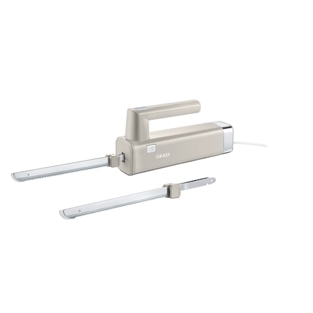 Cutit electric pentru bucatarie Graef, EK508, 2 tipuri de lame pentru alimente proaspete/ congelate, buton inlaturare lama, protectie pentru degete, motor silentios, usor de curatat, bej