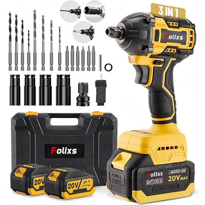 Ударен винтоверт, Folixs®, Li Brushless- Kit, 21 V, 3 Ah, 320 Nm, 3300 RPM, 2 степени на скоростта, 2 батерии, 22 аксесоара, Жълто/черно