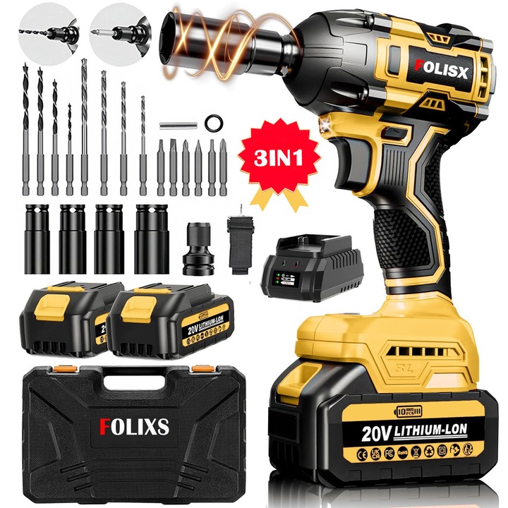 Ударен винтоверт, Folixs®, Li Brushless- Kit, 21 V, 3 Ah, 320 Nm, 3300 RPM, 2 степени на скоростта, 2 батерии, 22 аксесоара, Жълто/черно