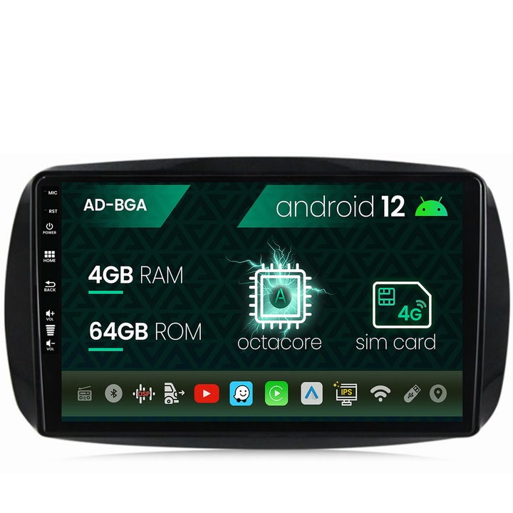 Navigáció Autodrop Smart for Two (2016-Present), Android 12, A-Octacore, 4GB RAM, 64GB ROM, 9 hüvelyk - AD-BGA9004, AD-BGRKIT412
