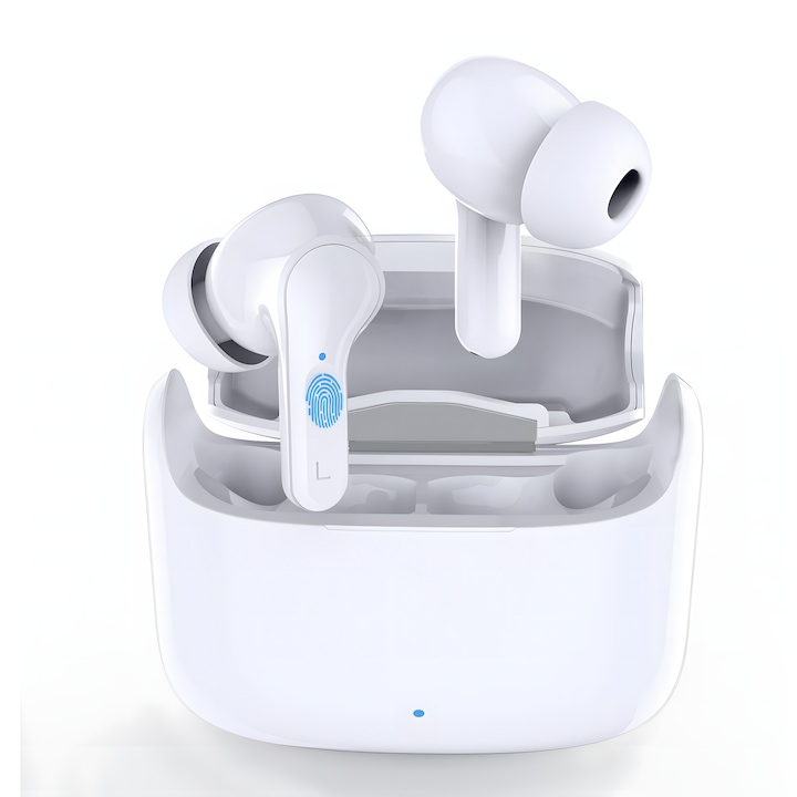 Bluetooth TWS fejhallgató, Audio in ear, bluetooth 5.0, Deep Bass, Touch vezérlés, Stabil és gyors csatlakozás, Tok mágneses pontokkal a fejhallgatókhoz, 2x pár tartalék csatlakozó, 1x USB-C Gyorstöltő kábel, Beépített mikrofon, Fehér