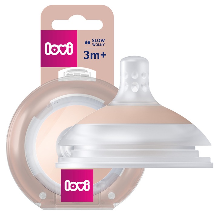 Tetina dinamica pentru biberon, LOVI, MAMMAFEEL, Flux Lent Slow pentru Hranirea Bebelusilor, Silicon de Inalta Calitate, Sigura si Durabila, Ideala pentru Copii de la 3 Luni, 3 m+, Transparent