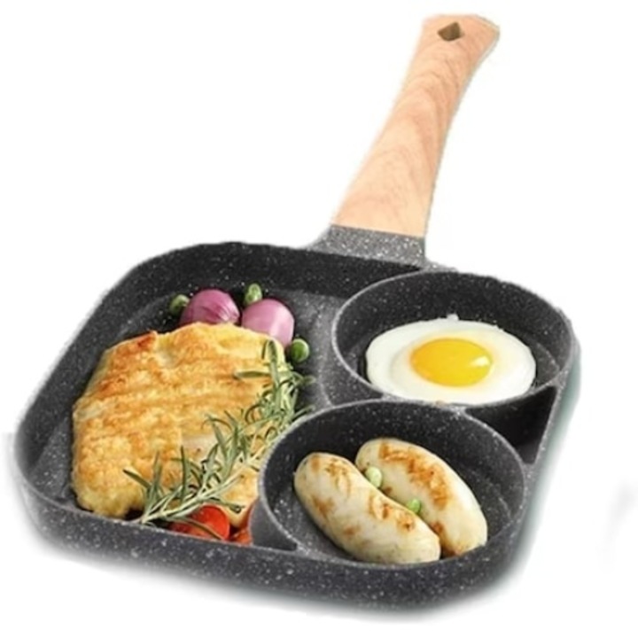 Tigaie cu 2 forme pentru oua si mini grill, antiaderenta, cu maner rece, compatibila cu toate sursele de caldura, gri