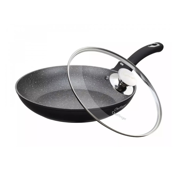 Cheffinger univerzális serpenyő átmérője 24 cm, üveg fedő, tapadásmentes, ergonomikus fogantyú, fekete