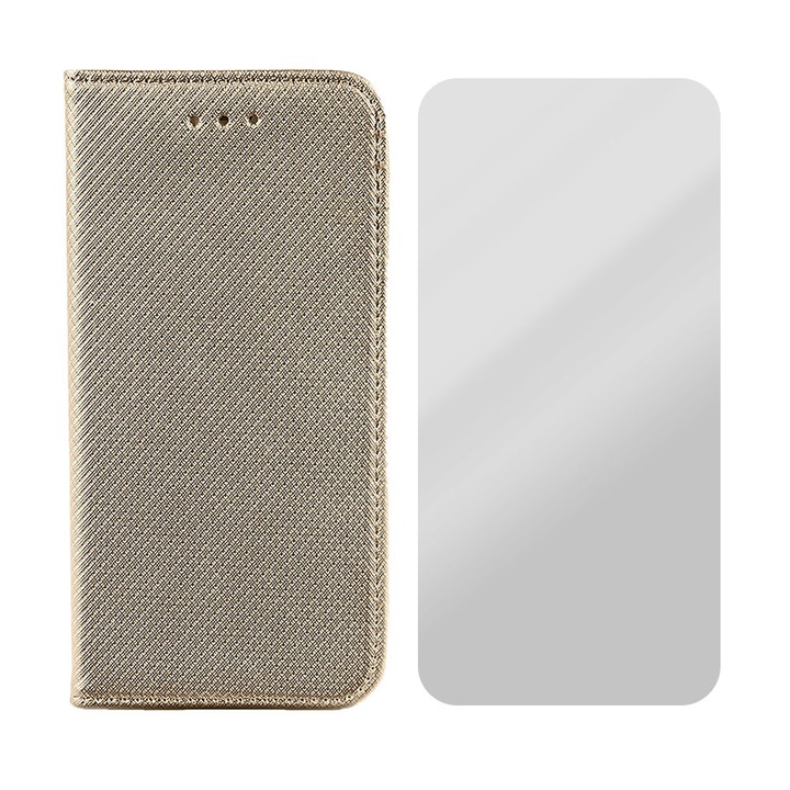 Комплект протектори от кожа и фолио 2.5D Glass Flip Cover, съвместими с Honor Magic 4 Lite 5G, дизайн на текстура, Optim Protect с магнитно затваряне, Smart Soft Close, тип книга, джоб за портфейл, златист