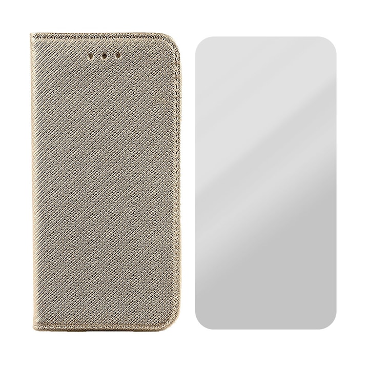Bőr Flip Case Set 2.5D üvegfólia kompatibilis Xiaomi Redmi Note 12 Pro 4G / Note 11 Pro 4G / Note 11 Pro 5G, Texture Design, Secure Glass, Optim Protect mágneses zárással, Smart Soft Close, Könyvtípus, Pénztárca zseb, Arany