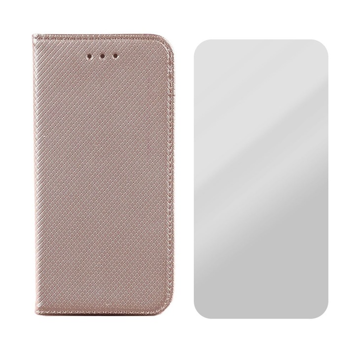 Комплект флип калъфи от кожа и фолио 2.5D Glass, съвместим с Huawei Y3 2017, дизайн на текстура, защитено стъкло, Optim Protect с магнитно затваряне, Smart Soft Close, тип книга, джоб за портфейл, розов