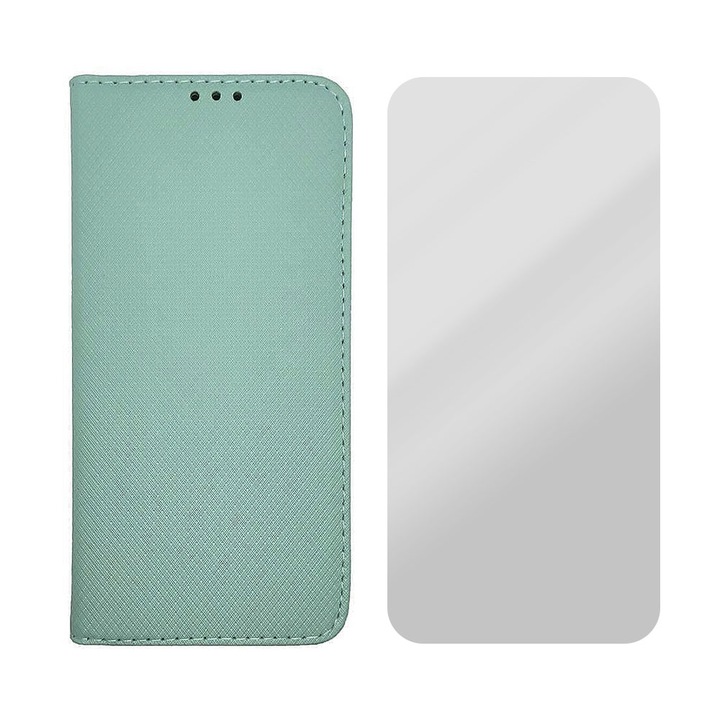 Комплект капаци от кожа и фолио 2.5D Glass Flip Cover, съвместим с Huawei P9 Lite, дизайн на текстура, защитено стъкло, Optim Protect с магнитно затваряне, Smart Soft Close, тип книга, джоб за портфейл, тюркоаз
