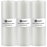 Set 3 role pungi de vidat gofrate ZAFIT™, 28 x 300 cm, pentru aparat de vidat alimente, reutilizabile, rezistente, sous vide, lavabile in masina de spalat, fara BPA, transparent