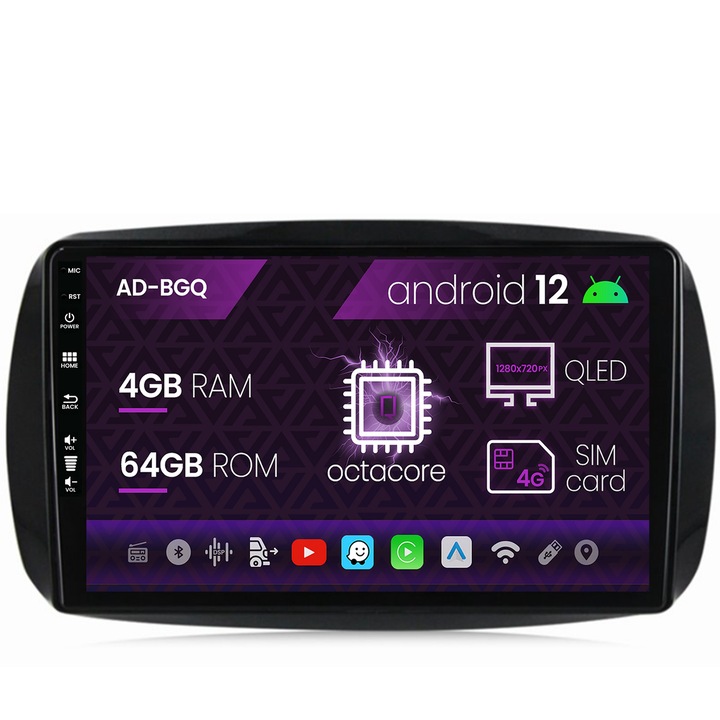 Navigáció Autodrop Smart for Two (2016-Present), Android 12, Q-Octacore, 4GB RAM, 64GB ROM, 9 hüvelyk - AD-BGQ9004, AD-BGRKIT412