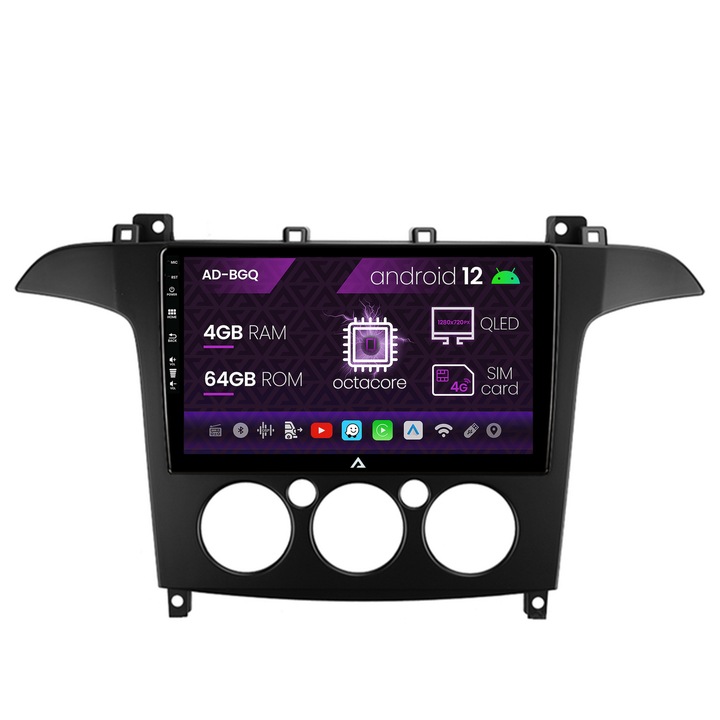 Navigációs autodrop Ford S-MAX (2006-2015) klímakézikönyv, Android 12, Q-Octacore, 4GB RAM, 64GB ROM, 9 hüvelyk - AD-BGQ9004, AD-BGRKIT124