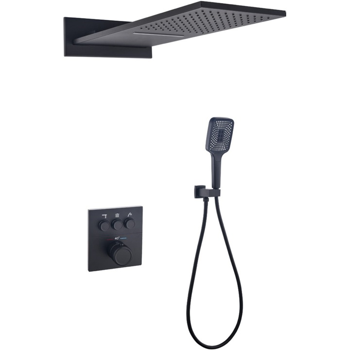 Sistem dus tip ploaie si cascada cu montaj pe perete, baterie incastrata cu termostat, Negru, Gitano