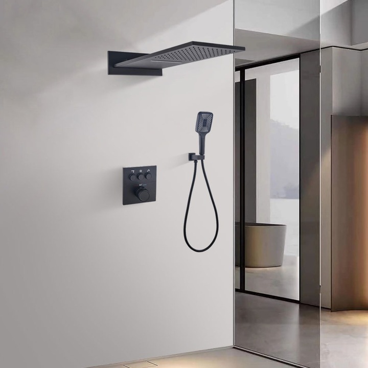 Душ система със стенен монтаж, вграден кран с термостат, Черен, Gitano