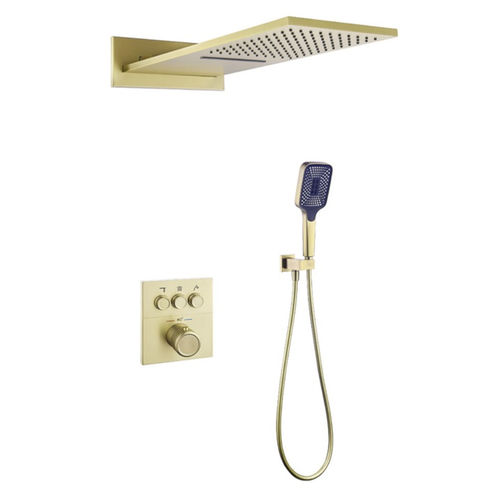Sistem dus tip ploaie si cascada cu montaj pe perete, baterie incastrata cu termostat, Auriu Mat, Gitano