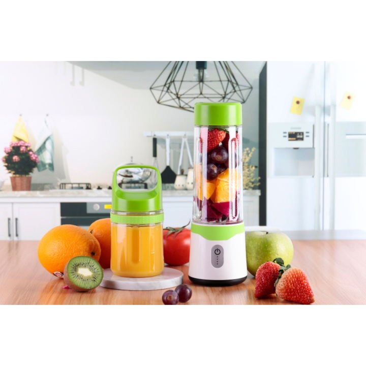 Mini Blender Portabil Multifunctional LUXEMATE®, 6 Lame din Otel Inoxidabil, Doua Recipiente 350ml – 500ml Acumulator 4000 mAh, Putere 18000 rpm, Incarcare USB, Verde Deschis