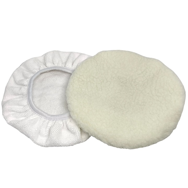 Set 2 calote rezerva masina polish auto, una cu microfibre si una pufoasa, tip lana de lustruit, pentru disc 24~25cm