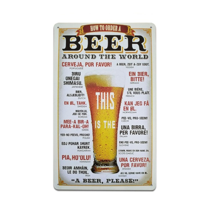 Vintage Dekor Fémtábla, dombornyomott 'BEER' felirat, retro hangulatú kialakítás, egy korsó sör rendelése 21 nyelven, 20x30cm