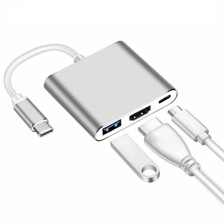 Többfunkciós adapter 3 az 1-ben USB-C a HDMI-hez Techstar® ZFZ3IN1, HDMI 4K, 1 x USB 3.0, PD port, kompatibilis HD TV, monitor, videoprojektor, ezüst