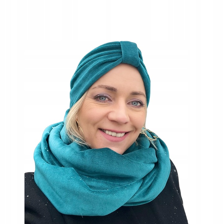 Set turban si esarfa Emma, Eva Design, Bumbac, Turcoaz, One-Size