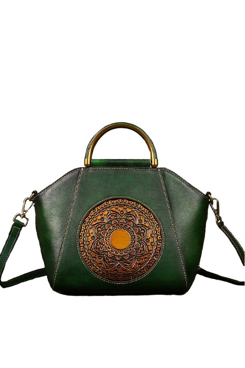 Geanta Dama Marime Medie Boutique Deluxe Piele Naturala, Model cu Relief, Compartimentare Eficienta, Bareta Detasabila si Ajustabila, Elemente Metalice Aurii, Verde Inchis