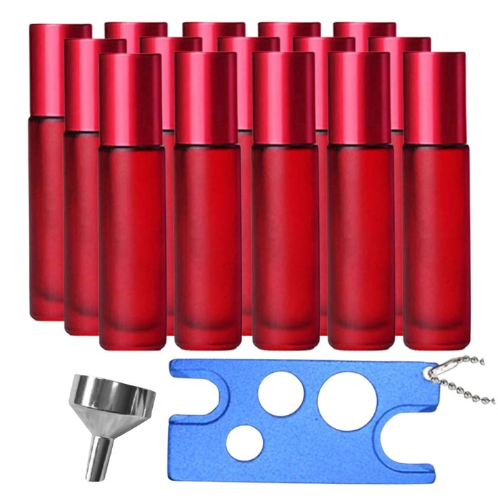 Комплект от 15 ролкови стъклени козметични контейнера 10 ml DROPY®, включително отварачка и фуния, за етерични масла, парфюми, дебело червено матирано стъкло