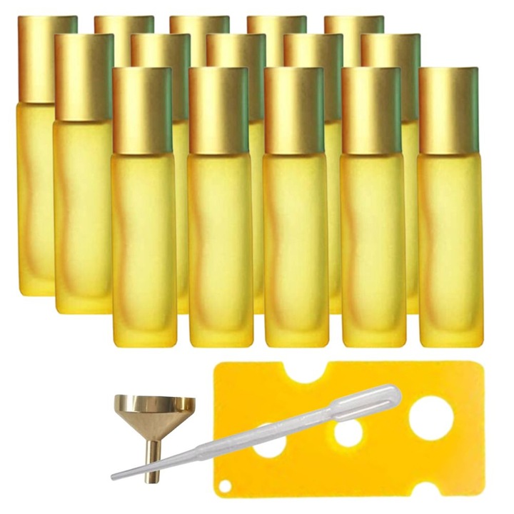 15 db tekercses üveg kozmetikai tartály készlet 10 ml DROPY® nyitóval, tölcsérrel és pipettával illóolajokhoz, parfümökhöz, vastag matt sárga üveghez