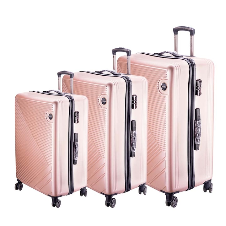 Dollcini, Куфар за пътуване по света, комплект куфари от 3 части, 20", 24", 28", (357910-225D), розово злато