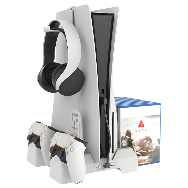 Statie racire incarcare Ps5 OnXsmart®, Incarcare dubla controllere, Dubla Racire, Sloturi suport jocuri, conectare usb, Alb